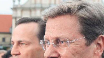 Kollegen. Radoslaw Sikorski zeigt Guido Westerwelle (vorn) Warschau. Foto: dpa