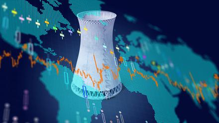 Industry related 3D rendered nuclear plant object with some abstract financial data on world map