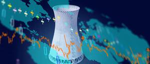 Industry related 3D rendered nuclear plant object with some abstract financial data on world map