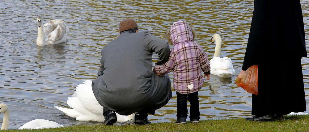 Deutsche Idylle. Eine Migrantenfamilie füttert Schwäne.