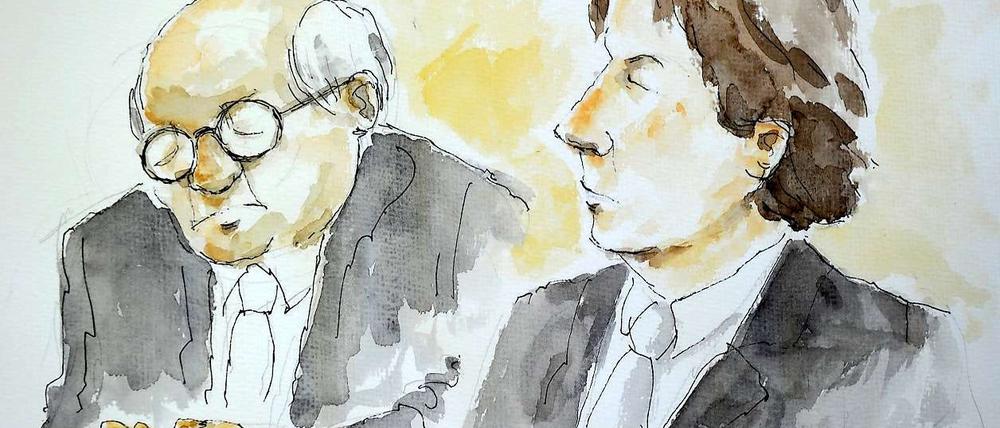 Eine Gerichtszeichnung zeigt am Mittwoch (22.09.2010) beim 4.Prozesstag im Fall Jörg Kachelmann in Mannheim den wegen Vergewaltigung angeklagten Wettermoderator mit einem seiner Anwälte, Reinhard Birkenstock.