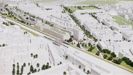 Das „Pankower Tor“ von Westen aus gesehen - mit dem „Stadthaus“ und Stadtplatz am Bahnhof Pankow.