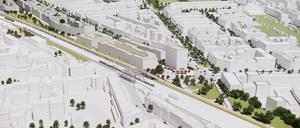 Das „Pankower Tor“ von Westen aus gesehen - mit dem „Stadthaus“ und Stadtplatz am Bahnhof Pankow.