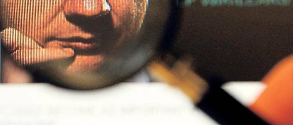Das Gesicht von Wikileaks. Durch eine Lupe ist ein Browser-Fenster mit der Seite der Internetplattform und dem Konterfei von Julian Assange zu sehen. Foto: Britta Pedersen/dpa