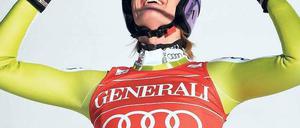 Erfolgreicher Doppelschlag. Maria Riesch jubelt über ihren zweiten Abfahrtssieg in 24 Stunden. Ihrem Ziel, dem Sieg im Gesamt-Weltcup, ist sie damit näher gekommen. Foto: dpa