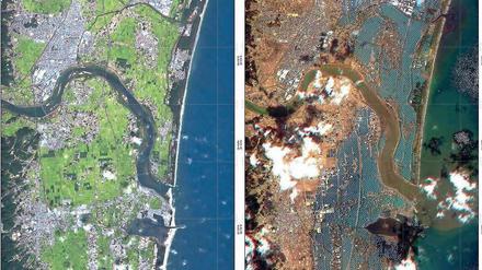 Japan vor dem Beben – und nachher. Auf den Bildern, die Rapideye-Satelliten von der Region Torinoumi an der Ostküste Japans geschossen haben, sieht man die verheerende Wirkung des Tsunamis. Die Fotos helfen nun bei der Analyse von Schäden.