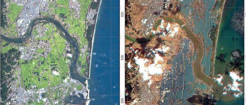 Japan vor dem Beben – und nachher. Auf den Bildern, die Rapideye-Satelliten von der Region Torinoumi an der Ostküste Japans geschossen haben, sieht man die verheerende Wirkung des Tsunamis. Die Fotos helfen nun bei der Analyse von Schäden.