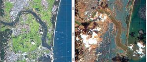 Japan vor dem Beben – und nachher. Auf den Bildern, die Rapideye-Satelliten von der Region Torinoumi an der Ostküste Japans geschossen haben, sieht man die verheerende Wirkung des Tsunamis. Die Fotos helfen nun bei der Analyse von Schäden.