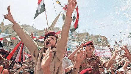 Auf Nimmerwiedersehen. Jemeniten feiern am Samstag in Sanaa den unerwarteten Abgang ihres autokratischen Staatschefs in das Nachbarland Saudi-Arabien. Ob der aber wirklich nicht zurückkehrt, ist offen.