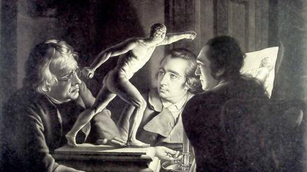 Staunende Wissenschaft. Mezzotinto-Grafik nach Joseph Wright of Derbys Gemälde „Akademie“ (1769).