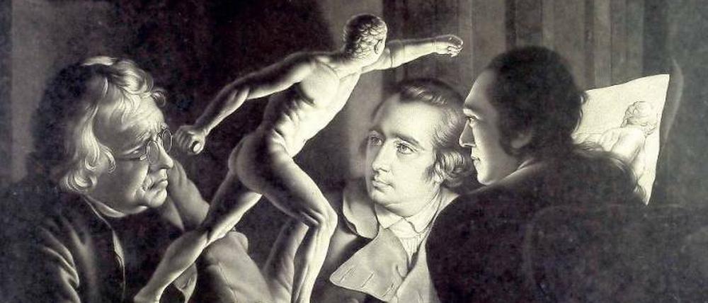 Staunende Wissenschaft. Mezzotinto-Grafik nach Joseph Wright of Derbys Gemälde „Akademie“ (1769). 
