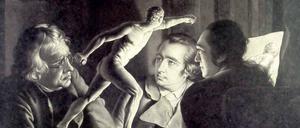 Staunende Wissenschaft. Mezzotinto-Grafik nach Joseph Wright of Derbys Gemälde „Akademie“ (1769). 