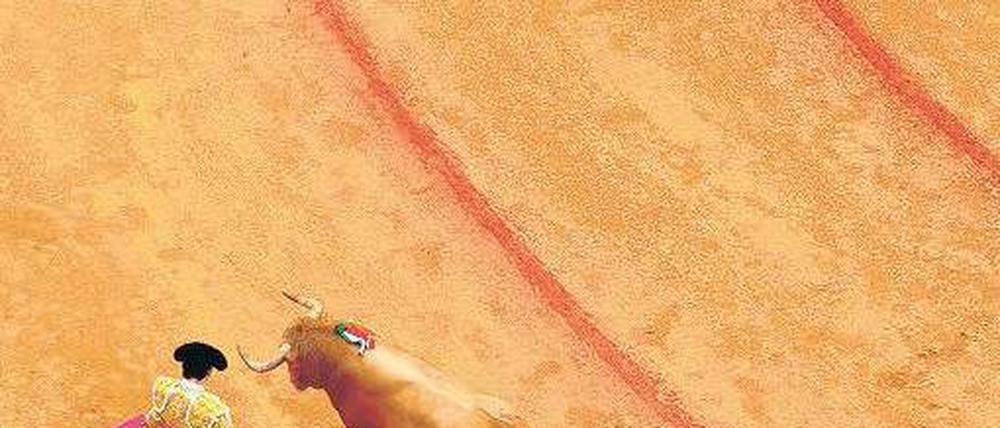 Riskante Lage. In der Arena von Sevilla weicht der Matador Lopez Simon einem wütenden Stier aus. Spaniens Politiker werden von wütenden Bürgern attackiert. Foto: Reuters