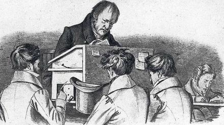 Von Geistesgrößen lernen. Die Lithografie aus dem Jahre 1828 von Franz Kugler zeigt Hegel vor seinen Studenten am Katheder. – Die Berliner Universität litt fast von Anfang an unter ihrer schlechten Ausstattung. Noch Jahrzehnte nach der Gründung gab es im Hauptgebäude keine Toiletten. Foto: akg-images