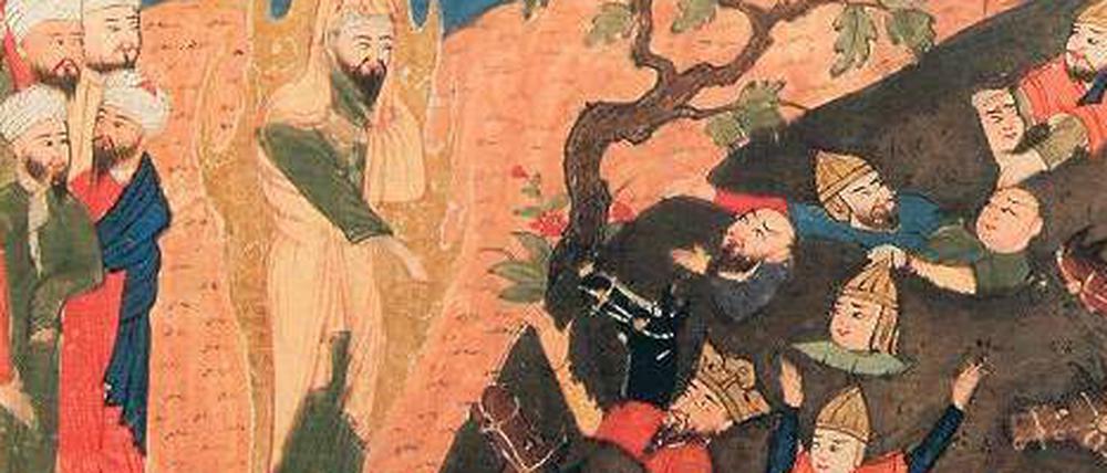 Schatz des Orients. Moses beobachtet den Untergang des Pharaos, aus der Weltgeschichte des Hafiz-i Abru, Herat (1425). 