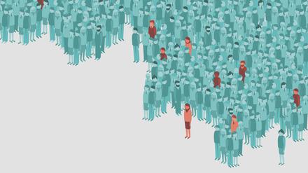 Single cases of  viral contamination in a huge crowd of healthy people. Vector illustration for coronavirus COVID-19 disease outbreak concept