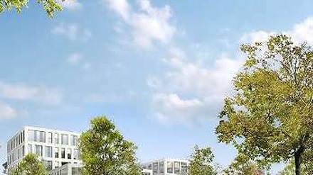 Der Entwurf für die Ecke Clayallee und Argentinische Allee. Inzwischen sind diese Gewerbeneubauten im Rohbau emporgewachsen. 