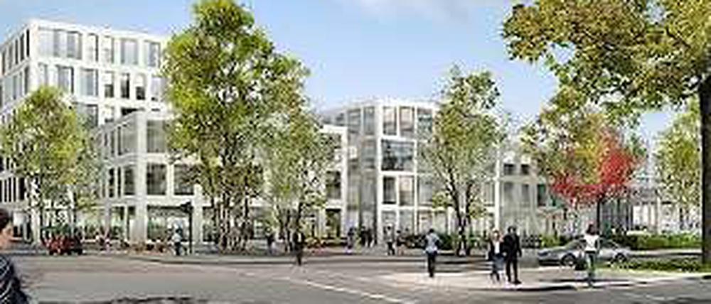 Der Entwurf für die Ecke Clayallee und Argentinische Allee. Inzwischen sind diese Gewerbeneubauten im Rohbau emporgewachsen. 