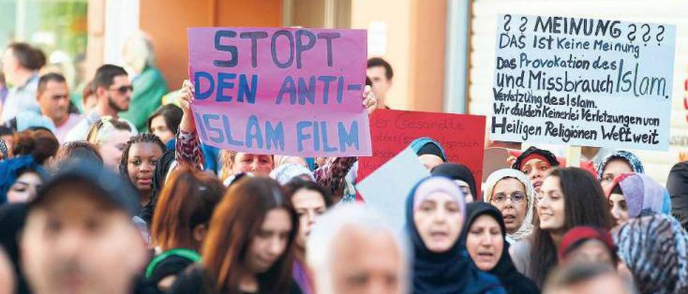 Klarheit muss herrschen. Ein Demonstrant nennt das umstrittene Mohammed-Video einen „Anti-Islam-Film“. Weiß jeder, was gemeint ist? Foto: Thomas Niedemüller/dpa