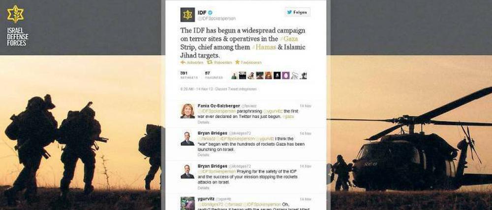 Teil der Propaganda. Ein Screenshot vom Donnerstag zeigt eine deutsche Internetseite von Twitter, auf der die israelischen Streitkräfte (IDF) ihren Angriff auf Gaza mitteilen.Foto: dpa