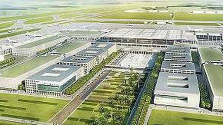 Flughafen-Viertel. So soll die Airport City einmal aussehen. Von den Gebäuden entlang dem Grünstreifen existiert nur diese Simulation; darin sollte das Ärztezentrum einziehen. 