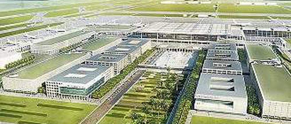 Flughafen-Viertel. So soll die Airport City einmal aussehen. Von den Gebäuden entlang dem Grünstreifen existiert nur diese Simulation; darin sollte das Ärztezentrum einziehen. 