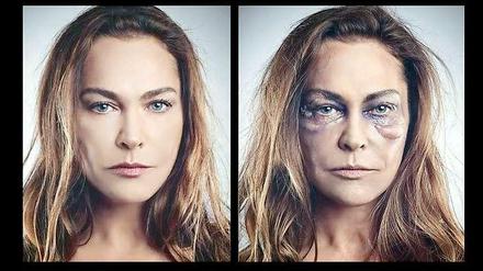 Vorher und nachher. Die Schauspielerin Hülya Avsar in ihrer gewohnten Erscheinung und in der Rolle einer vom Ex-Mann geprügelten Frau.