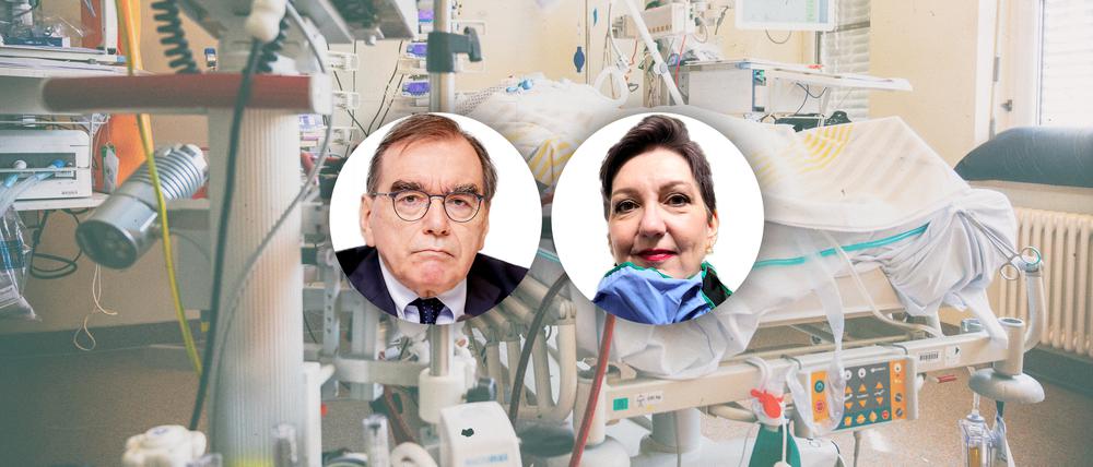 Ulrich Frei, Charité-Direktor im ersten Pandemiejahr, und Andrea Grebe, damals Chefin der Vivantes-Kliniken.