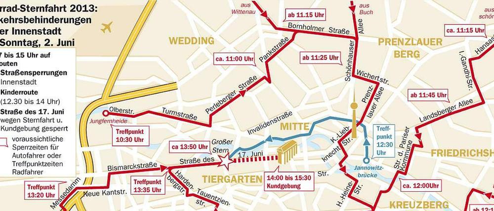 Am Sonntag sind die Straßen dicht: Wegen der Radler-Sternfahrt muss in ganz Berlin mit Verkehrsbehinderungen gerechnet werden.