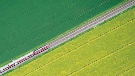 Grün durchs Grün. Noch verspricht die Bahn vor allem den Kunden im Fernverkehr, dass der Strom für ihre Fahrt aus erneuerbaren Quellen stammt. Im Jahr 2050 aber will das Unternehmen komplett mit Ökostrom fahren – spätestens dann wäre auch ein solcher Regionalzug umweltfreundlich unterwegs. Foto: dpa