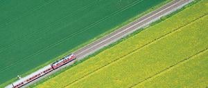 Grün durchs Grün. Noch verspricht die Bahn vor allem den Kunden im Fernverkehr, dass der Strom für ihre Fahrt aus erneuerbaren Quellen stammt. Im Jahr 2050 aber will das Unternehmen komplett mit Ökostrom fahren – spätestens dann wäre auch ein solcher Regionalzug umweltfreundlich unterwegs. Foto: dpa
