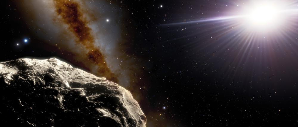Der Erd-Trojaner 2020 XL5 umrundet die Sonne (rechts oben) auf der gleichen Bahn wie die Erde (mit Mond oben links).