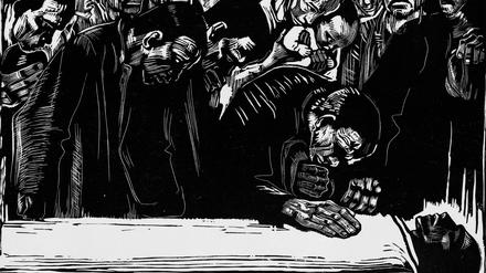 Politisch. 1920 schuf Käthe Kollwitz diesen Holzschnitt, ein Gedenkblatt für Karl Liebknecht.