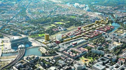 Die neue Europacity. So soll das neue Viertel zwischen Hauptbahnhof (links) und Nordhafen (rechts) aussehen. In der Mitte verläuft die Heidestraße.