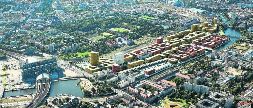 Die neue Europacity. So soll das neue Viertel zwischen Hauptbahnhof (links) und Nordhafen (rechts) aussehen. In der Mitte verläuft die Heidestraße.