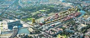 Die neue Europacity. So soll das neue Viertel zwischen Hauptbahnhof (links) und Nordhafen (rechts) aussehen. In der Mitte verläuft die Heidestraße.