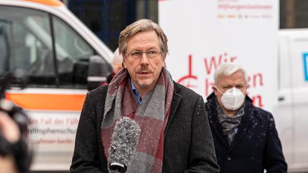 Martin Matz, Staatssekretär für Gesundheit, bei der Eröffnung des Impfzentrums Messe im Januar 2021.
