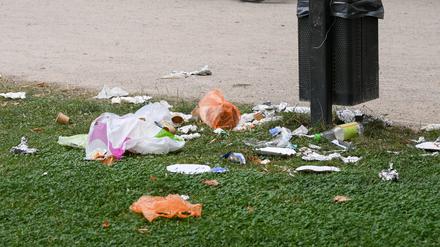 Ein Mülleimer und danebenliegender Müll im Treptower Park.