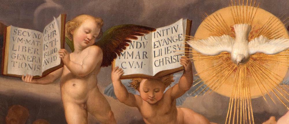 Der Heilige Geist naht, Engel tragen die Botschaften der Evangelien. Ein Gemälde aus der Sammlung der Raffael-Kopien im Orangerieschloss in Sanssouci.