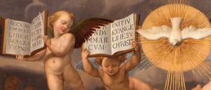 Der Heilige Geist naht, Engel tragen die Botschaften der Evangelien. Ein Gemälde aus der Sammlung der Raffael-Kopien im Orangerieschloss in Sanssouci. 