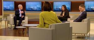Opposition versus Regierung. Norbert Röttgen (links) attackiert Gesundheitsminister Karl Lauterbach (rechts) und Bundestagsvizepräsidentin Katrin Göring-Eckardt (zweite von links) in der Talkshow von Anne Will.