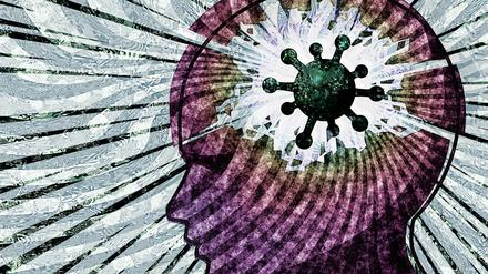 impact of coronavirus pandemic on mental health and wellbeing covid cell in magenta head breakdown with grunge effect and siwrled background in grey