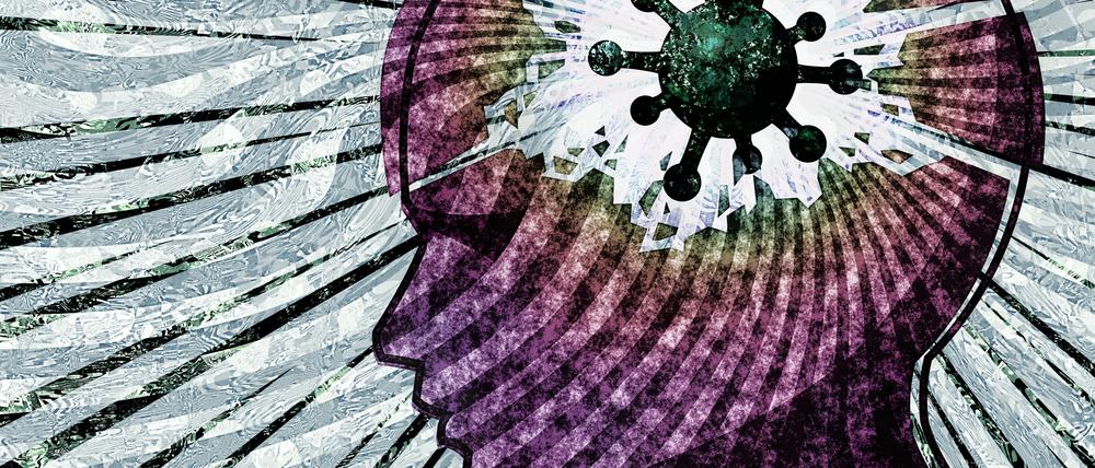 impact of coronavirus pandemic on mental health and wellbeing covid cell in magenta head breakdown with grunge effect and siwrled background in grey