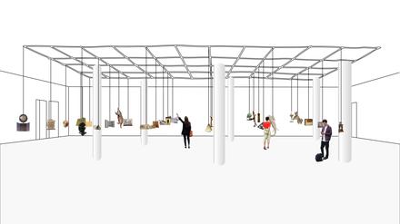 Doppelnutzung des Hauptsaals: als Ausstellungsraum und Auditorium (mit unter die Decke gezogenen Exponaten).