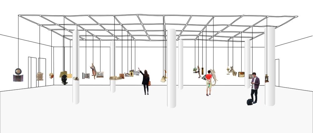 Doppelnutzung des Hauptsaals: als Ausstellungsraum und Auditorium (mit unter die Decke gezogenen Exponaten).
