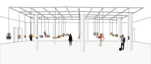 Doppelnutzung des Hauptsaals: als Ausstellungsraum und Auditorium (mit unter die Decke gezogenen Exponaten).