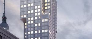 Am Monarch-Hochhaus am Alexanderplatz wird trotz des Krieges weitergebaut. Simulation: Promo/Finest-Images.