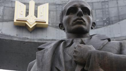 A statue of Stepan Bandera is seen in the Ukrainian city of Lviv.