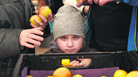 16.03.2022, Berlin: Ein Kind schaut über eine Kiste mit Äpfeln, während ihre Eltern, Kriegsflüchtlinge aus der Ukraine, Lebensmittel an der Essenausgabe holen in der "Welcome Hall Land Berlin", der ersten Anlaufstelle nach der Ankunft der Flüchtlinge auf dem Berliner Hauptbahnhof. In Berlin werden weiter steigende Zahlen von Flüchtlingen aus der Ukraine erwartet. Foto: Carsten Koall/dpa +++ dpa-Bildfunk +++