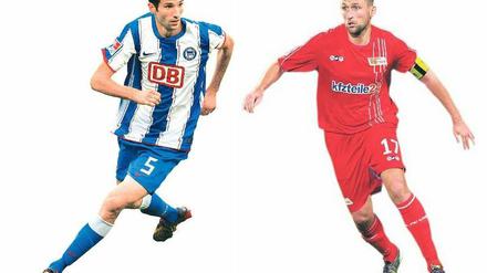 Herthas Andre Mijatovic, 31, (unten) und Torsten Mattuschka, 30, vom 1. FC Union führen ihre Teams heute ins Olympiastadion. 